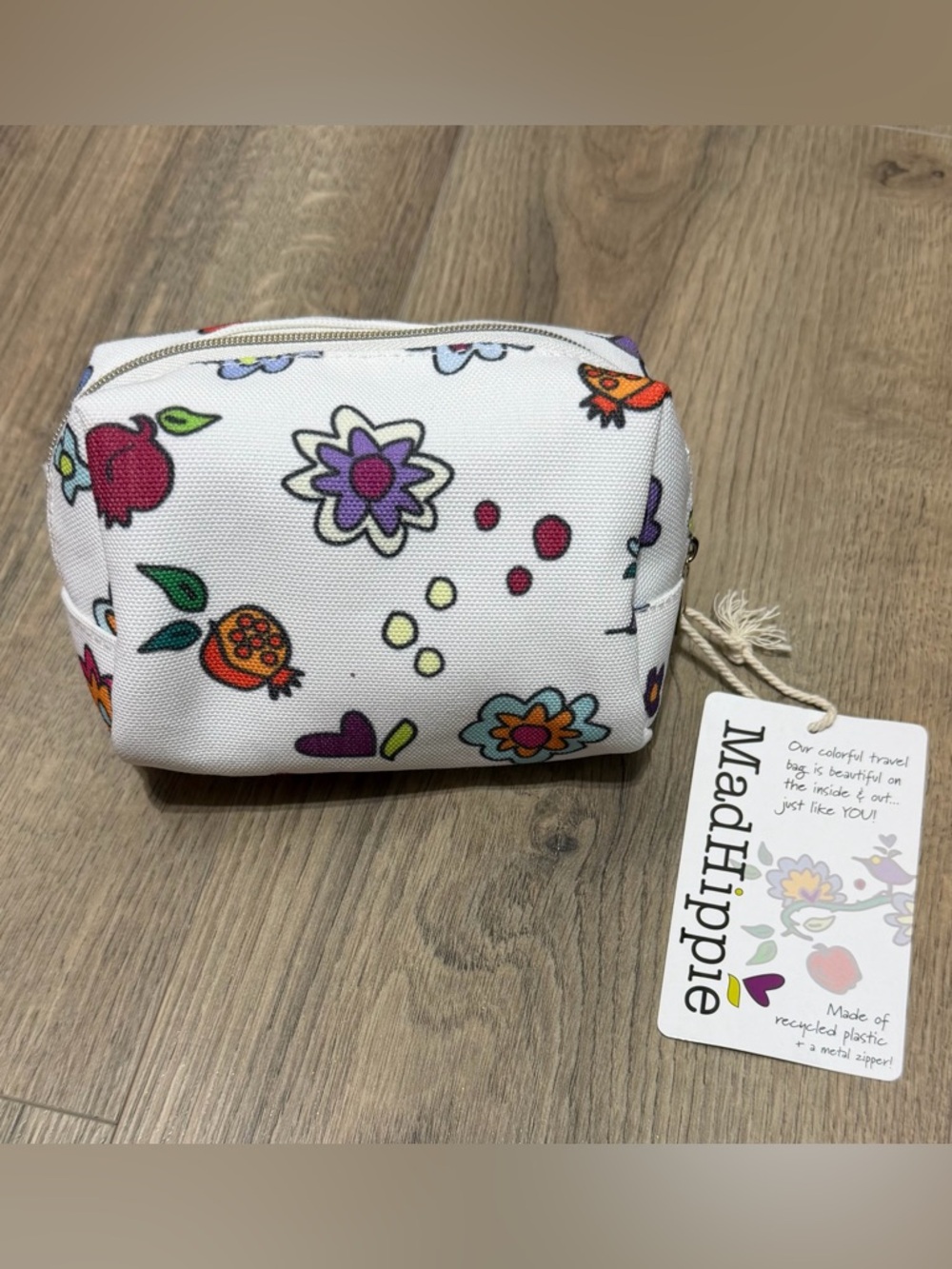MadHippie Floral Cosmetic Pouch in White with Purple & Orange Accents